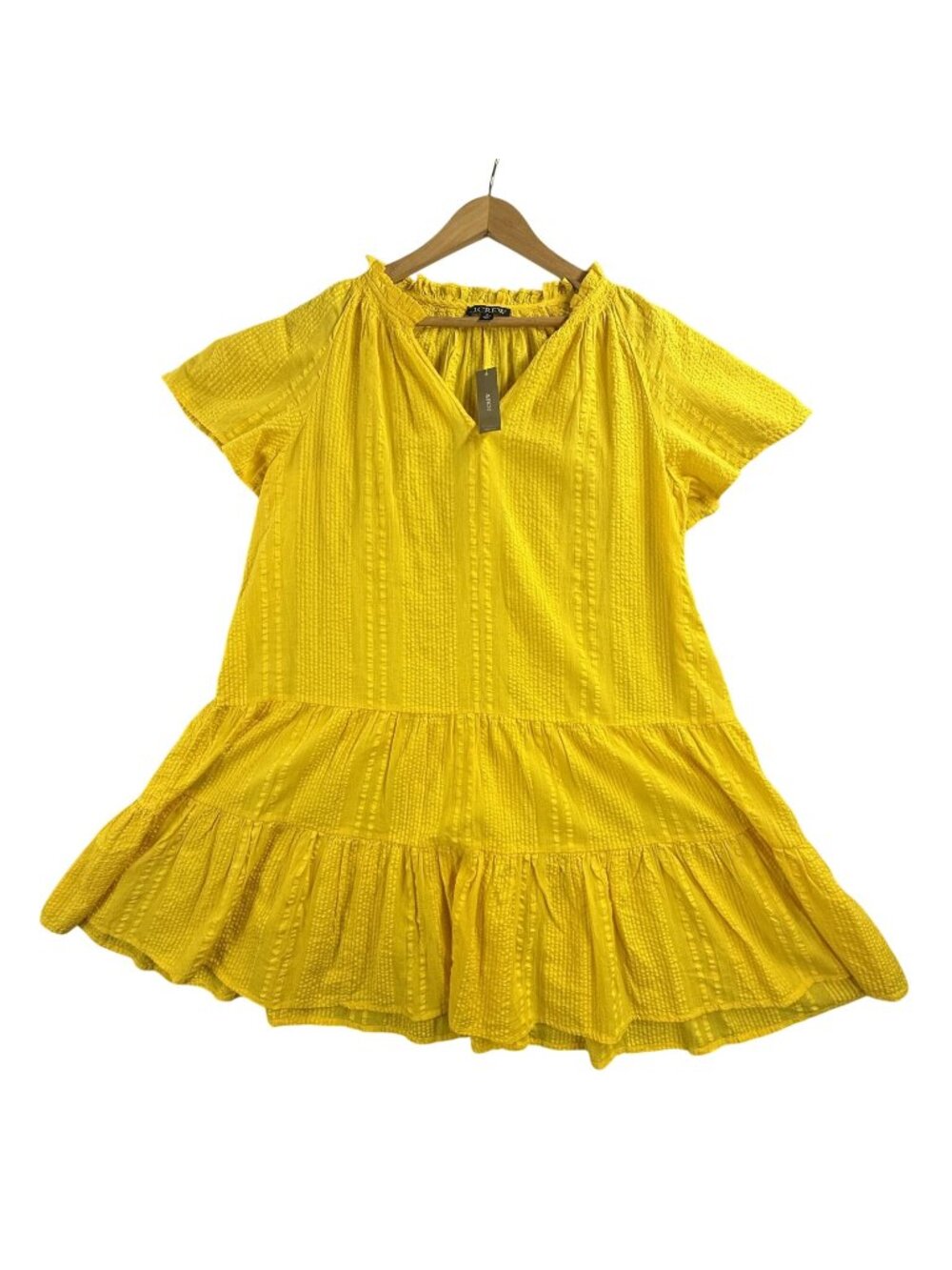 J Crew Dress Womens Medium Yellow Ruffle Short Sleeve Swing Trapeze Lined BR466